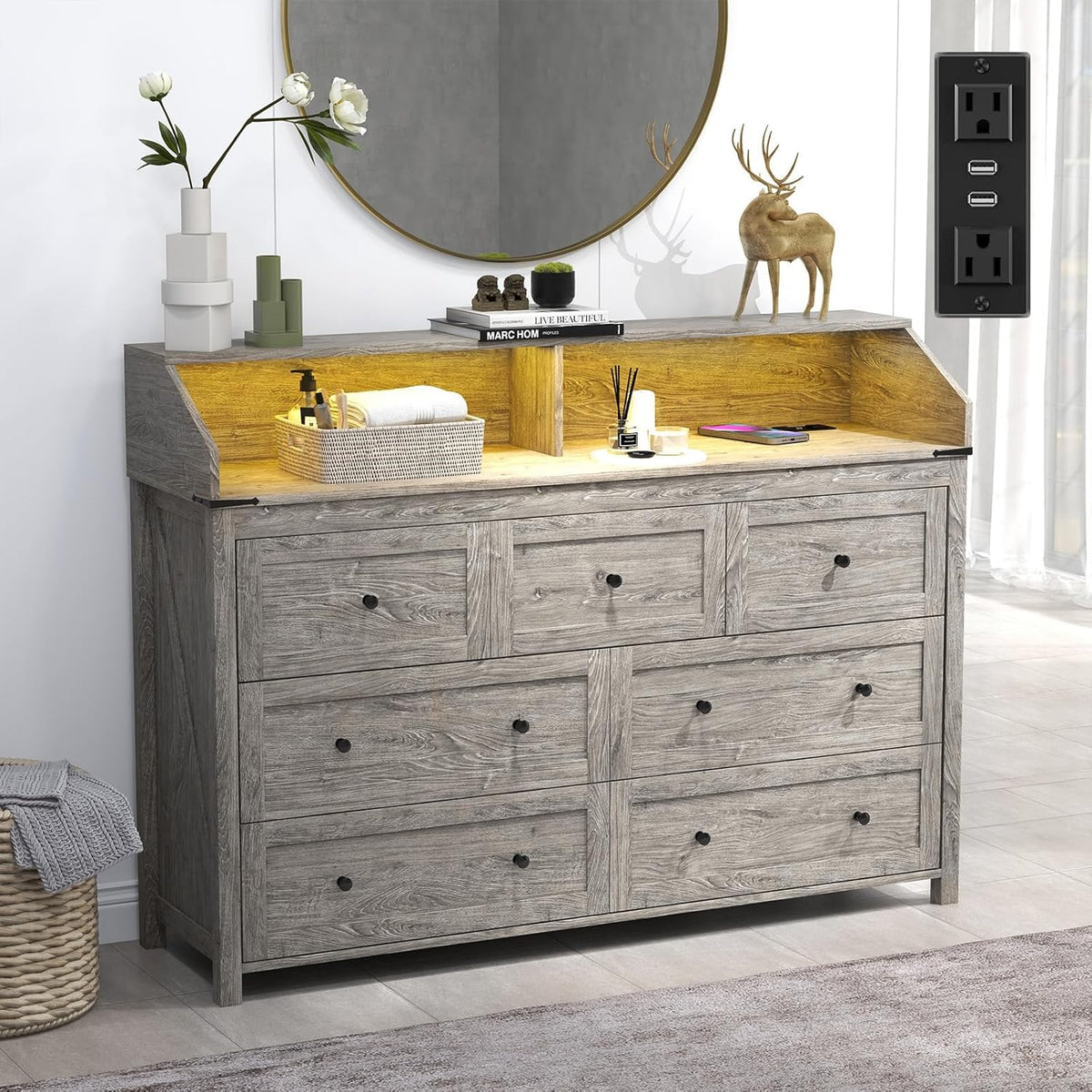 7 Drawer Dresser with LED Lights and Charging Station