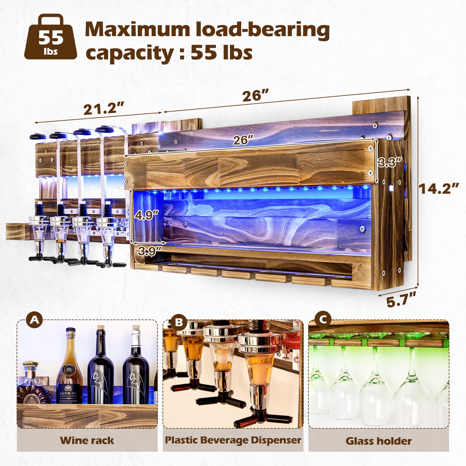 Wall Mounted Wine Rack with LED Light