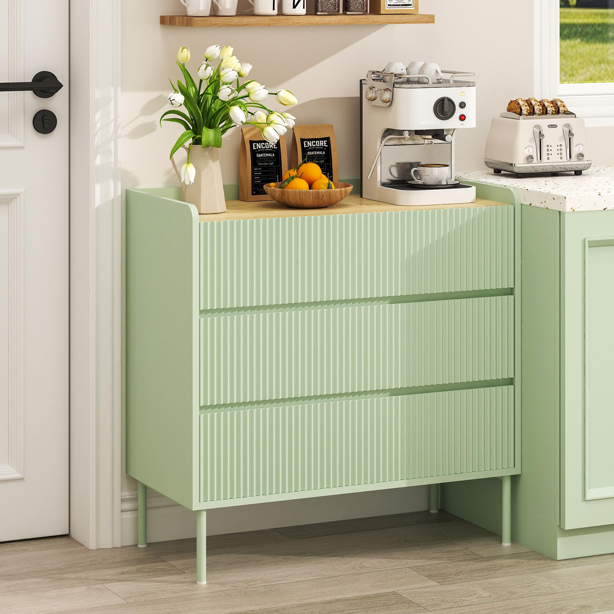 Green 3 Drawer Fluted Dresser