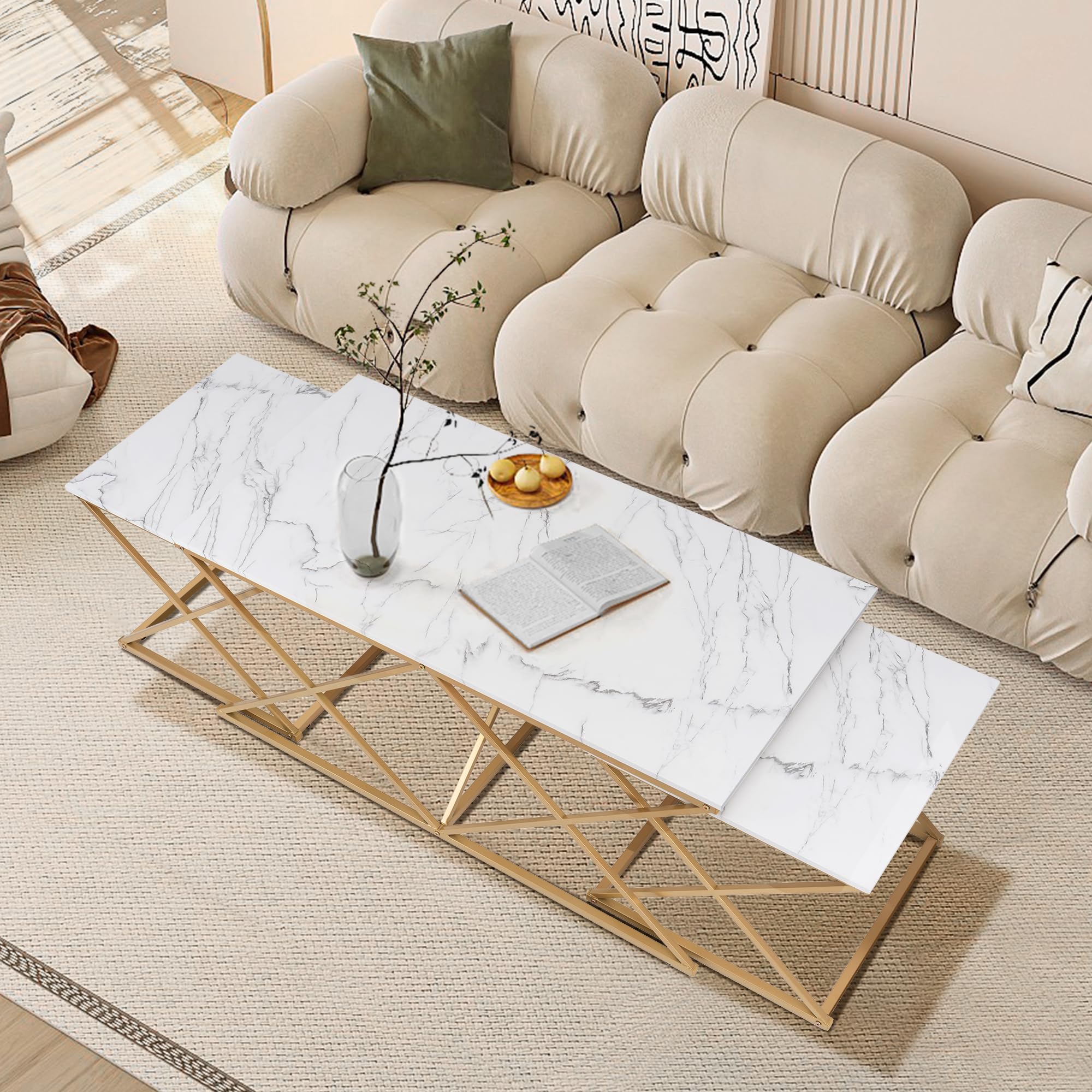 unipaws Modern Nesting Coffee Table Set of 3, Faux Marble Top with Golden Frame, Coffee Table with 2 Square End Side Tables, Perfect for Living Room, Apartment, Office