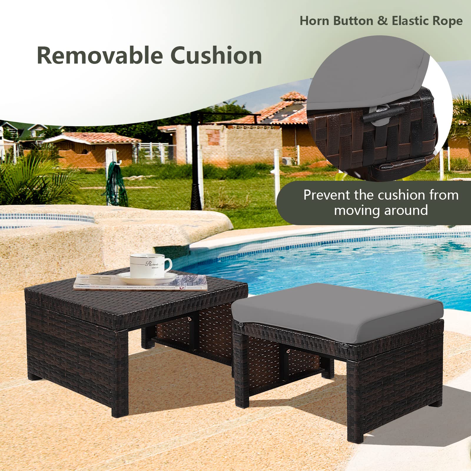 2 Piece Outdoor Wicker Ottomans with Cushions
