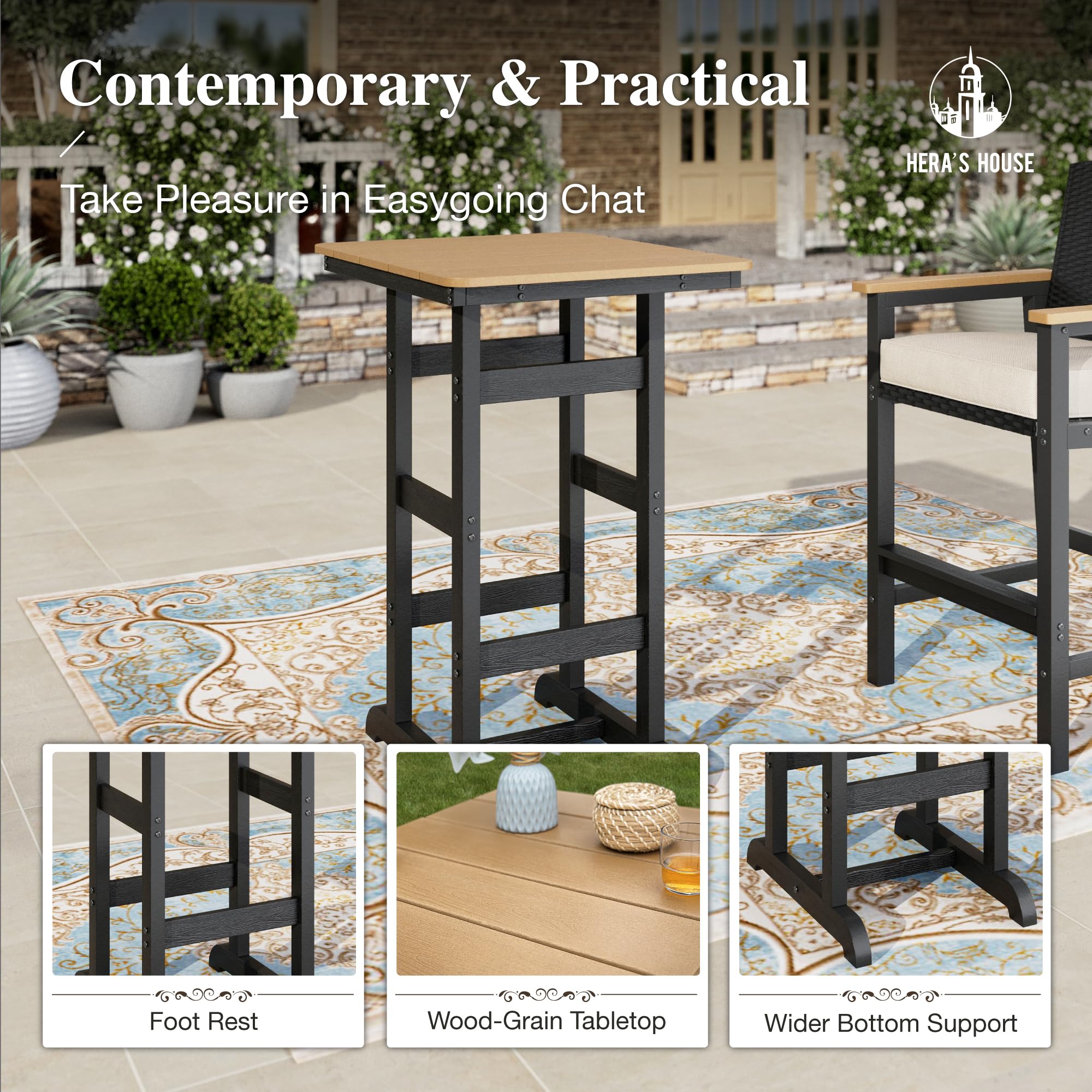 HDPE Outdoor Bar Set 3-Piece with Wicker Stools