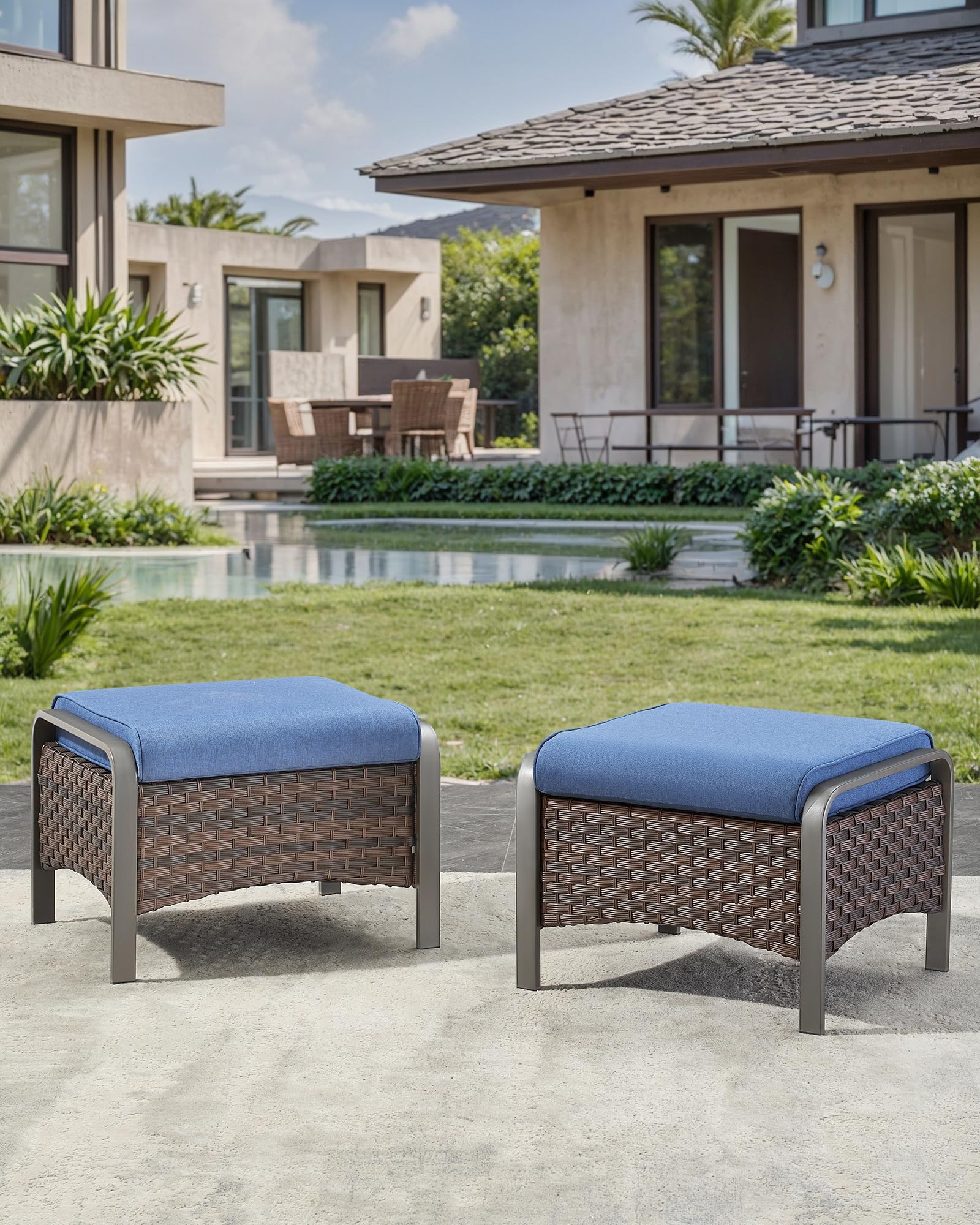 Outdoor Wicker Ottomans with Removable Cushions