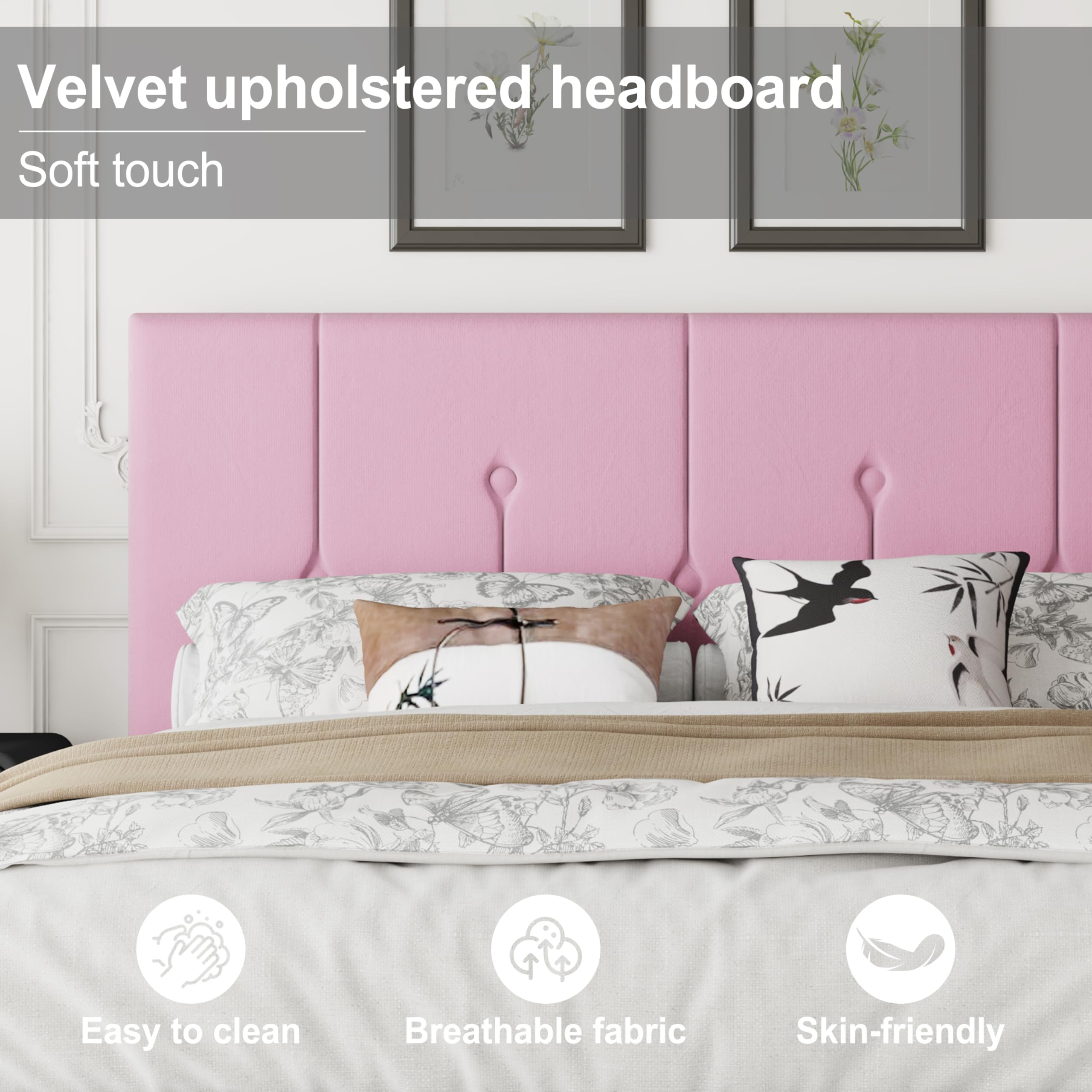 Full Size Pink Upholstered Platform Bed Frame