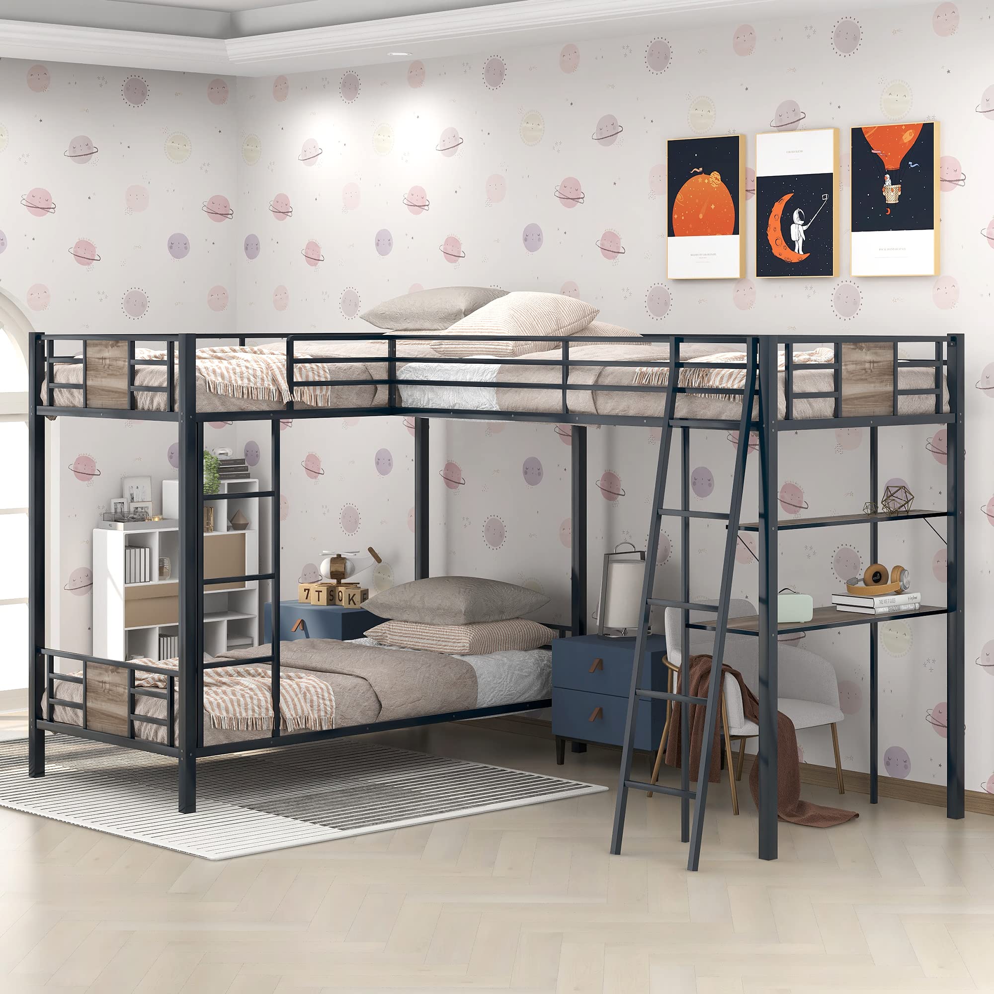 L-Shaped Twin Over Twin Bunk Bed with Loft Desk and Shelf