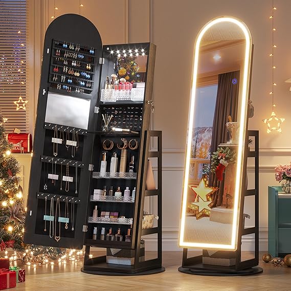 LED Mirror Jewelry Cabinet with Lockable Storage
