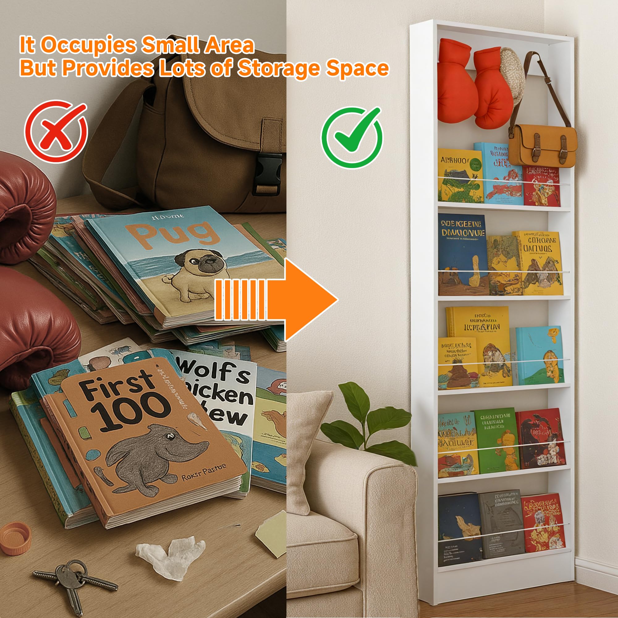 Wall-Mounted 5-Tier Bookshelf with Hooks