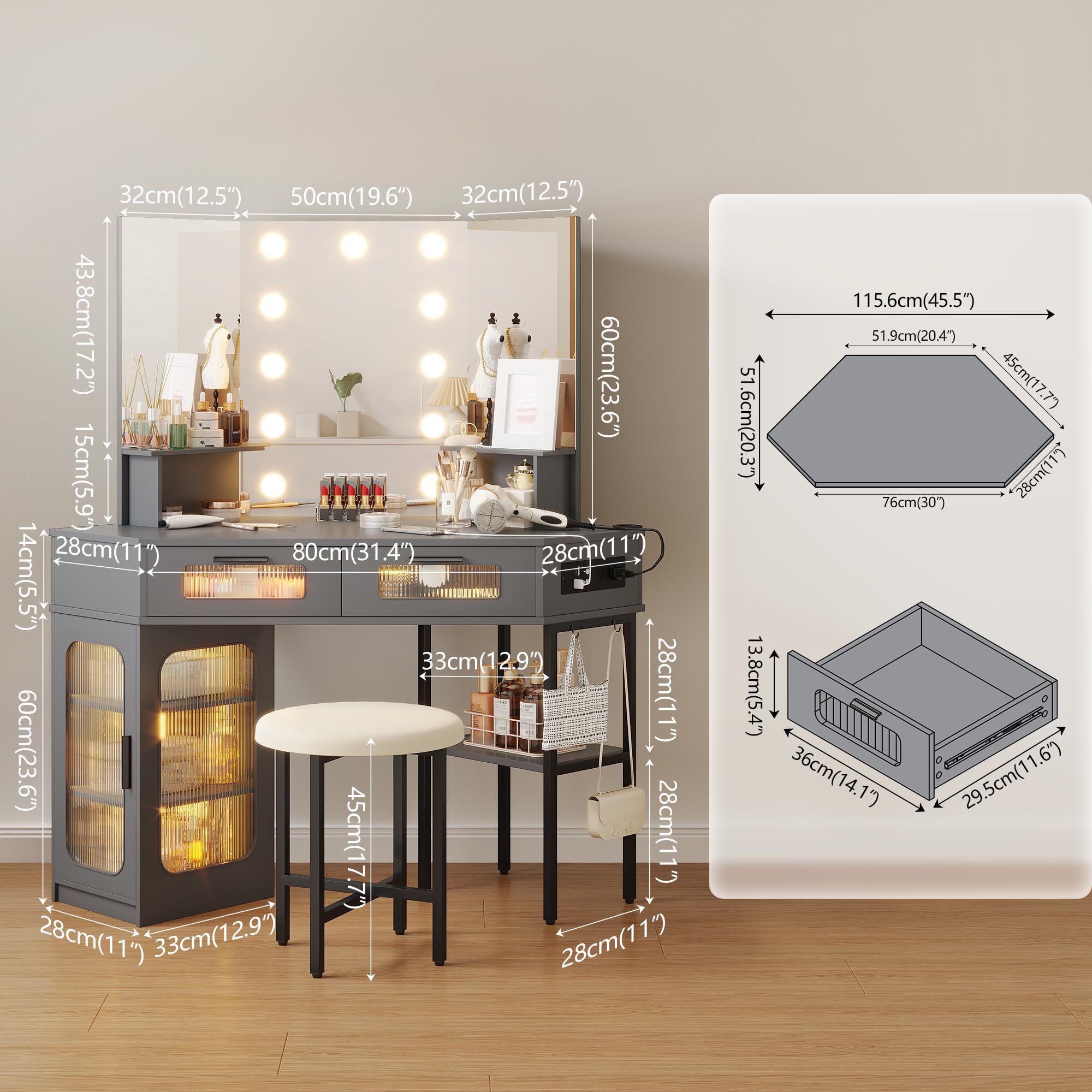 Corner Makeup Vanity Desk with Hollywood Mirror and Lights