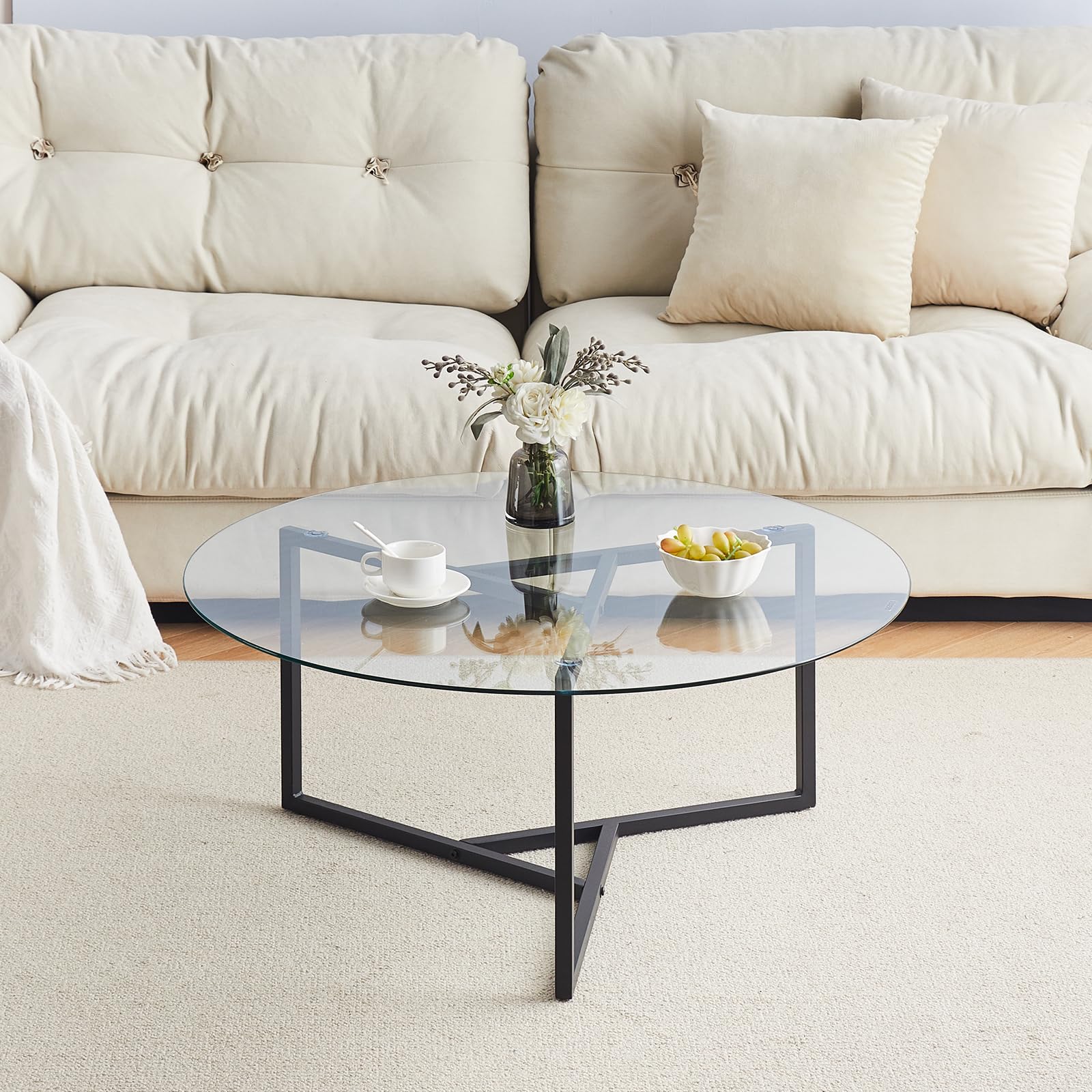Round Tempered Glass Coffee Table with Metal Frame