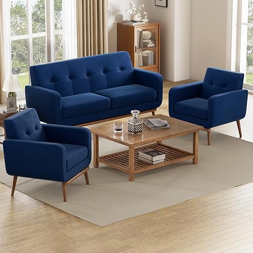 Button Tufted Living Room Set - 3 Piece Upholstered Sofa Collection