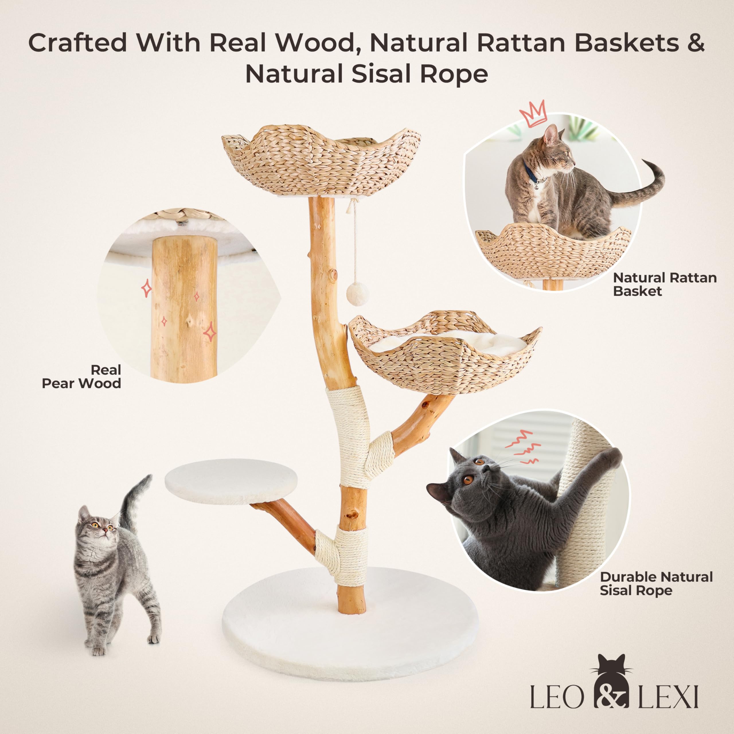 Modern Wood Cat Tree Tower with Scratching Post and Bed