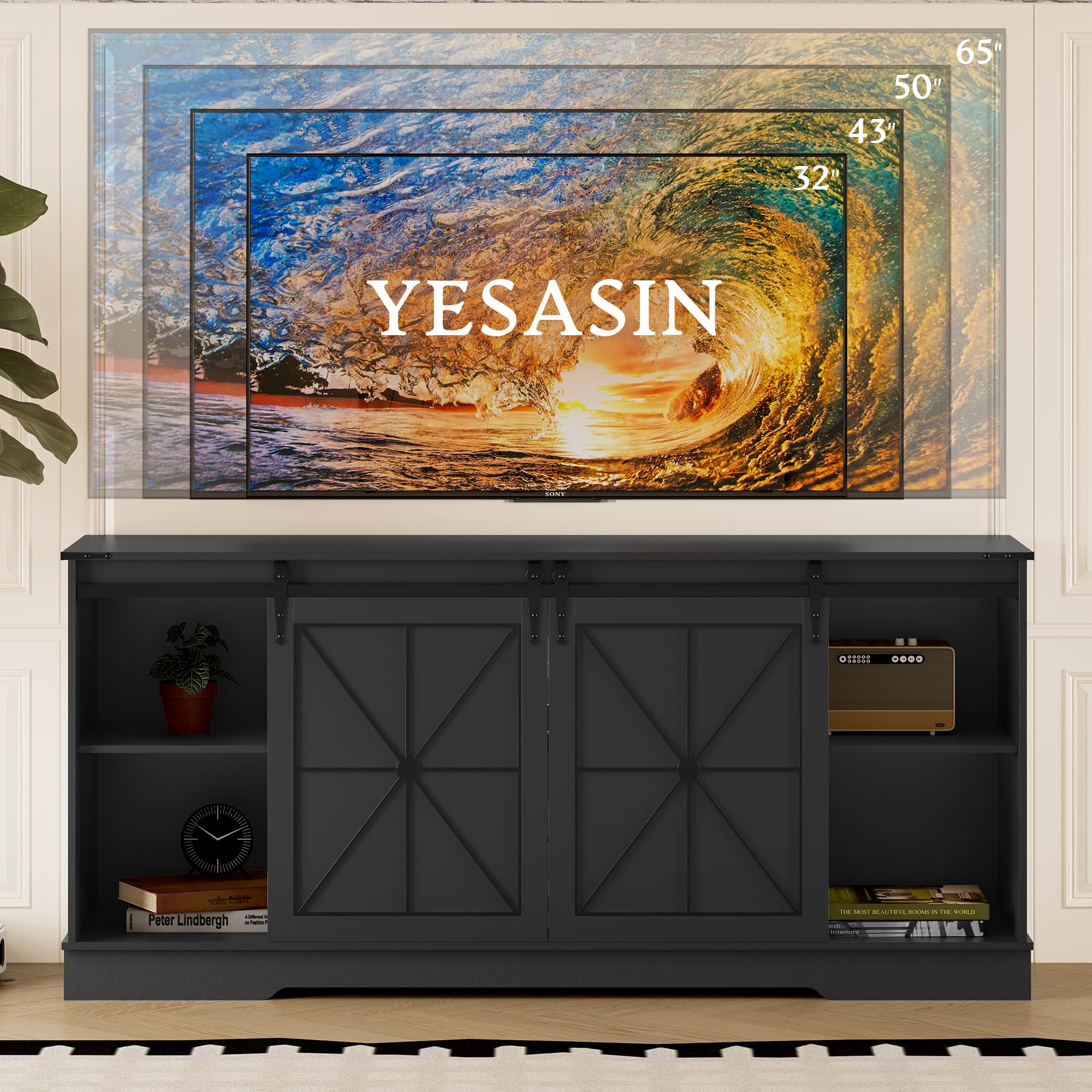 TV Stand for 55-65 Inch TV with Sliding Barn Doors