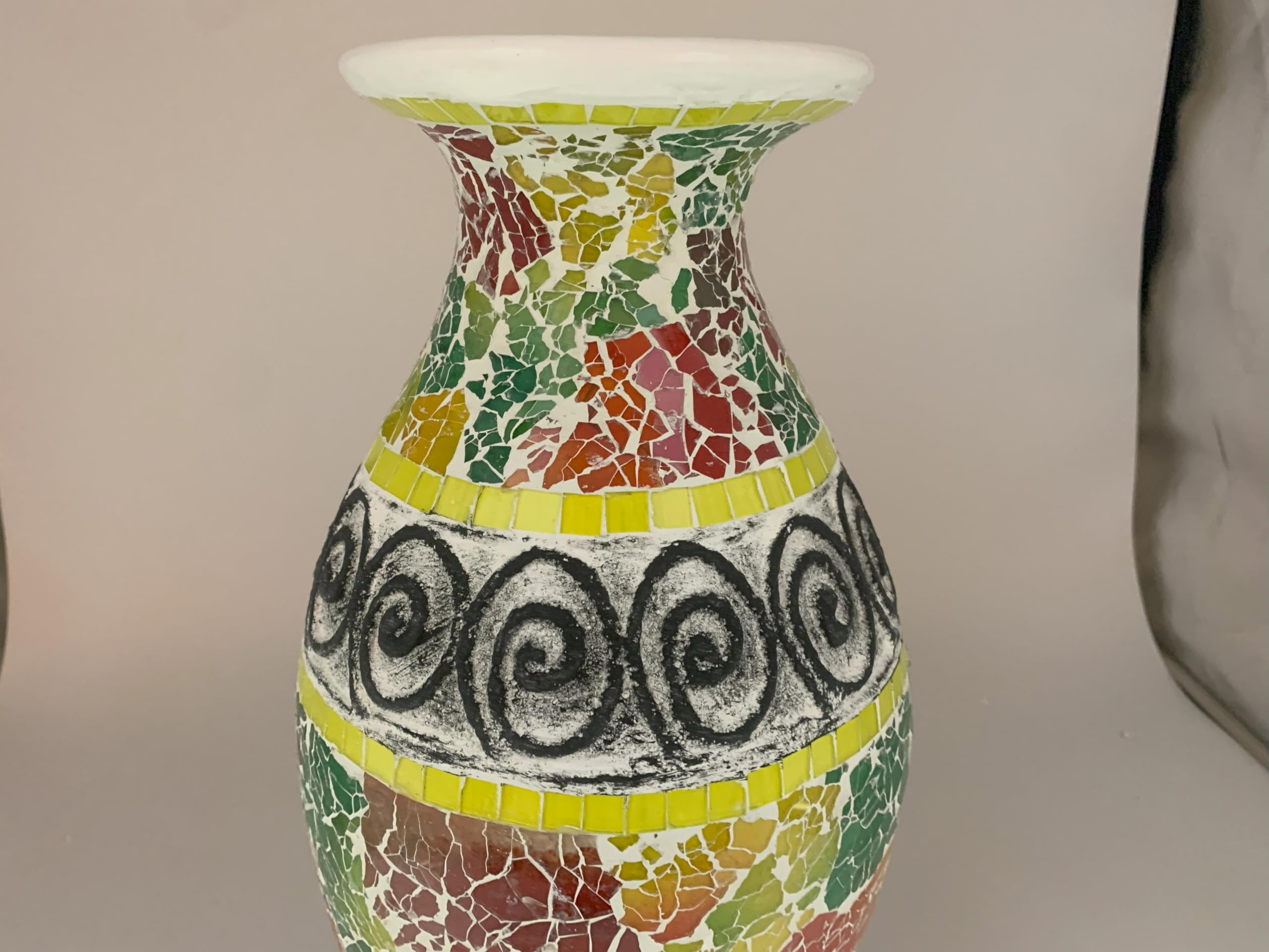 18 Inch Mosaic Floor Vase - Terracotta Cylinder with Red Green Glass