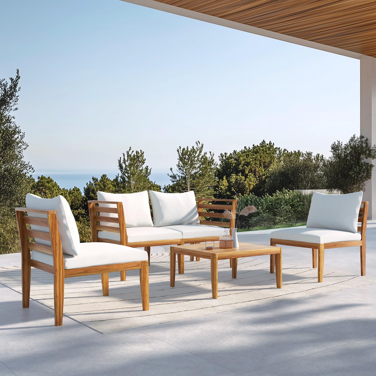 5 Piece Acacia Wood Patio Conversation Set with Waterproof Cushions