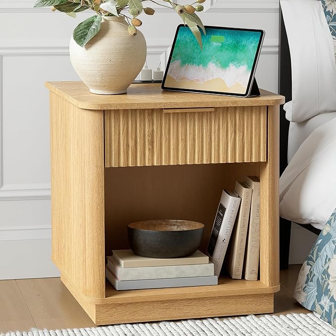 Fluted Nightstand Set of 2 with Charging Station