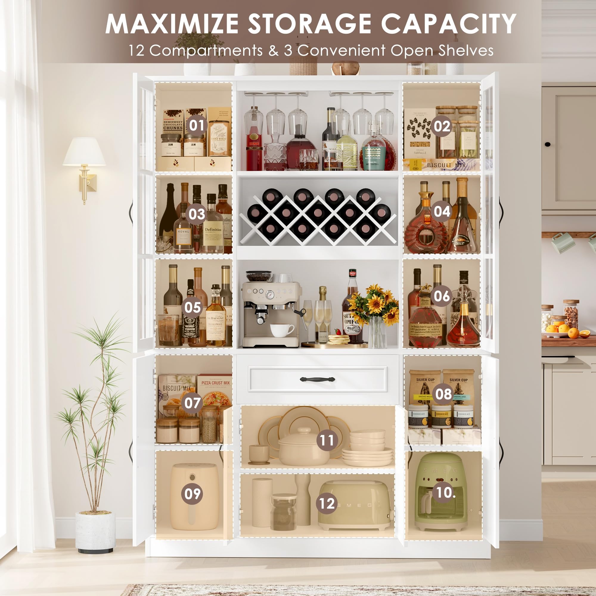 74" Kitchen Pantry Cabinet with Glass Door and Wine Rack