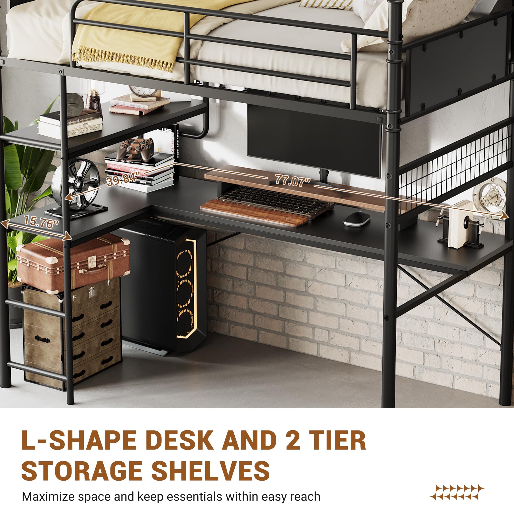 Twin Loft Bed with L-Shaped Desk and Ladder