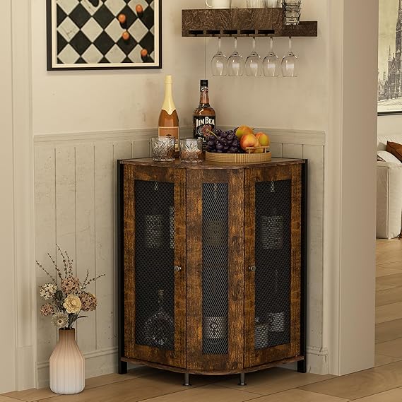 Corner Wine Bar Cabinet with LED Lights