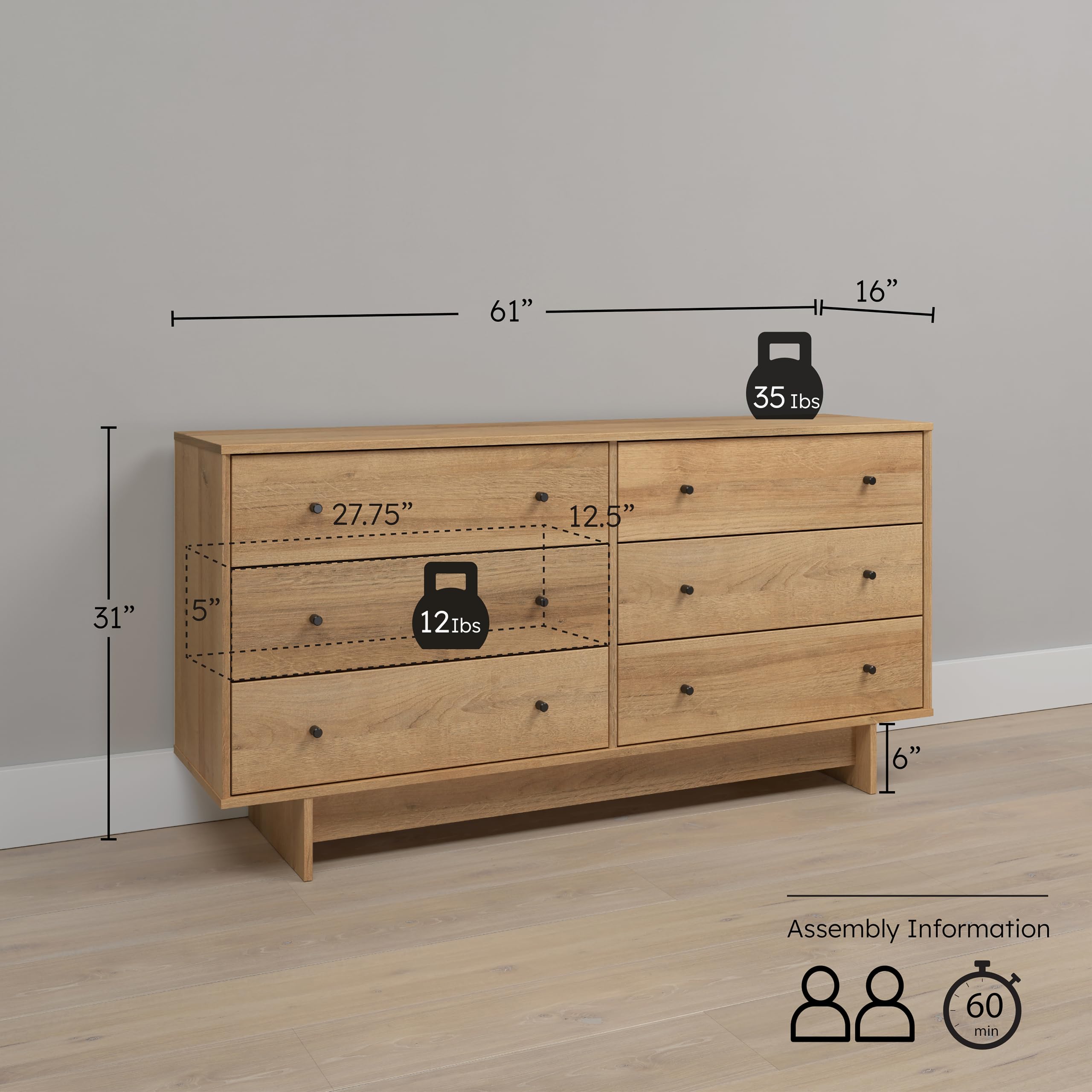 Finnley 6-Drawer Dresser in Natural Oak