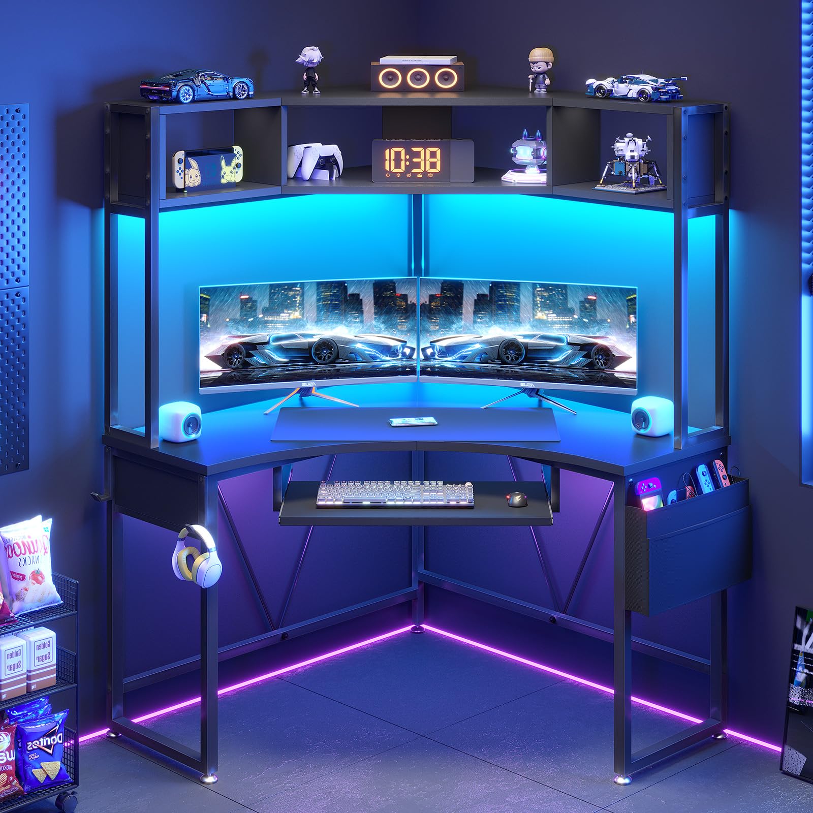 Corner Desk with Hutch and LED Lights