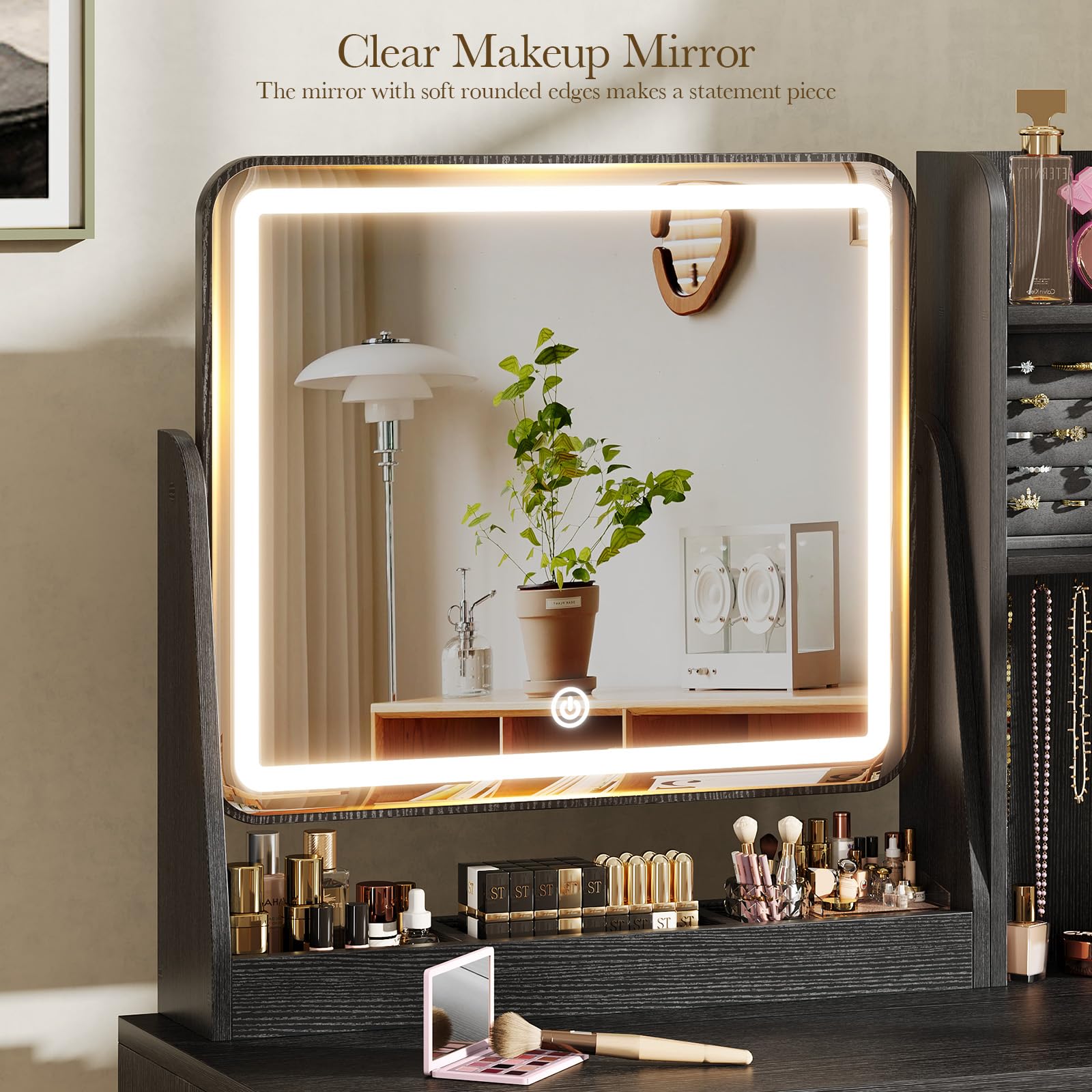 Fluted Vanity Desk with Mirror and Lights