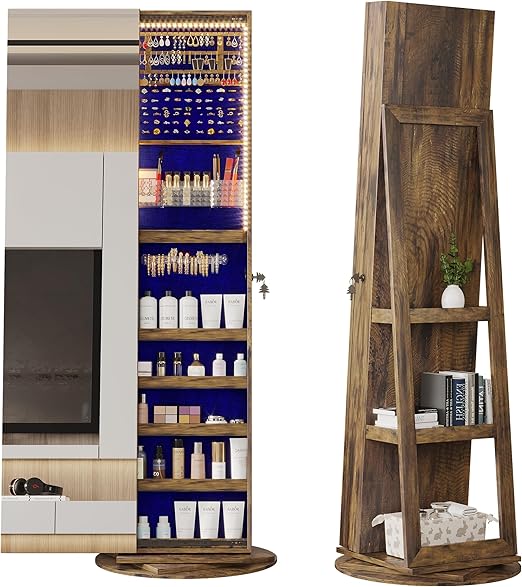 360° Rotating Full Length Mirror Jewelry Cabinet with LED Lighting