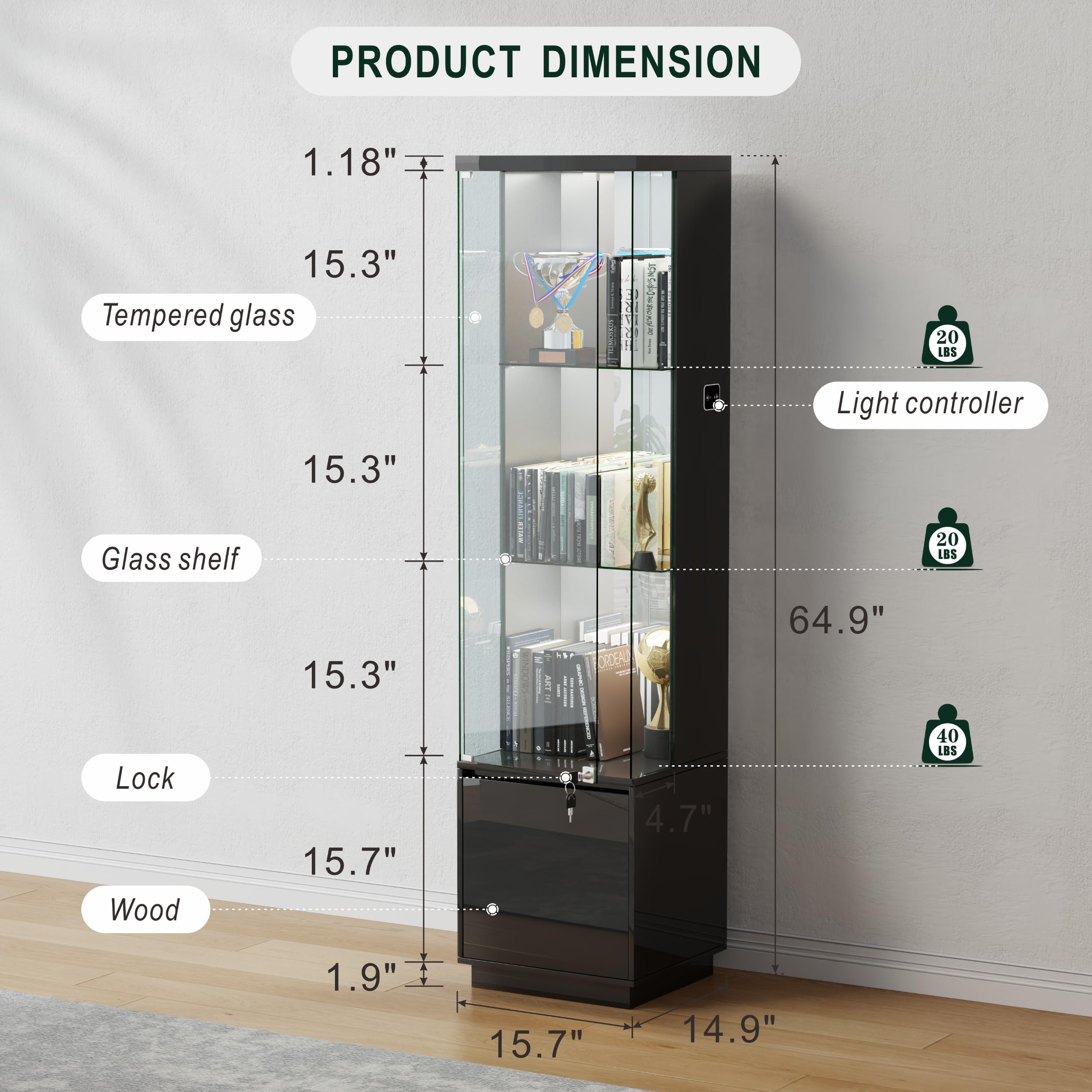 65" LED Lighted Glass Display Cabinet with Lockable Door