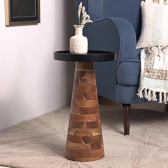 Round Solid Wood End Table with Tray Top