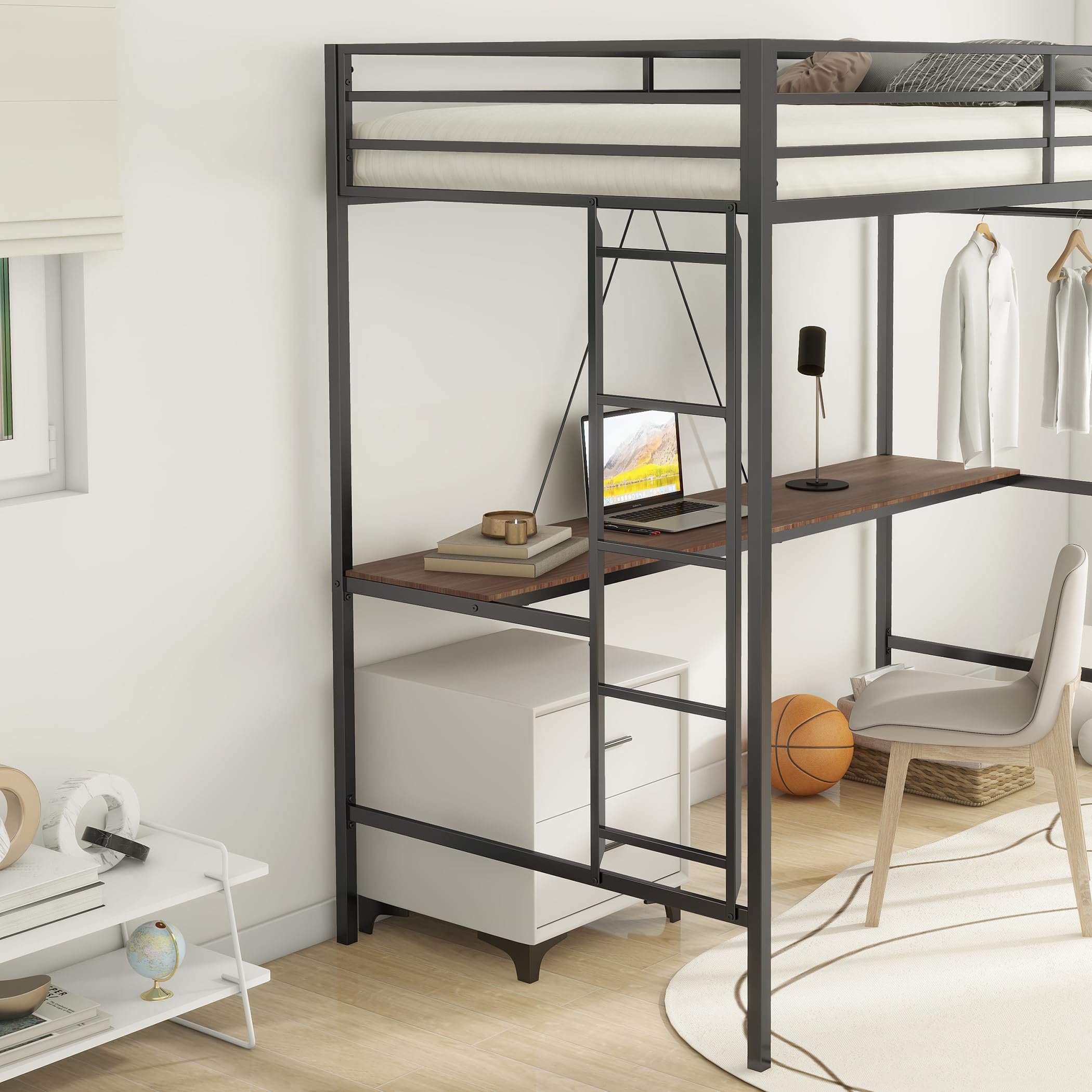 Twin Metal Loft Bed with Ladder and Guard Rails