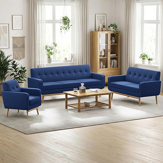 Button Tufted Living Room Set - 3 Piece Upholstered Sofa Collection