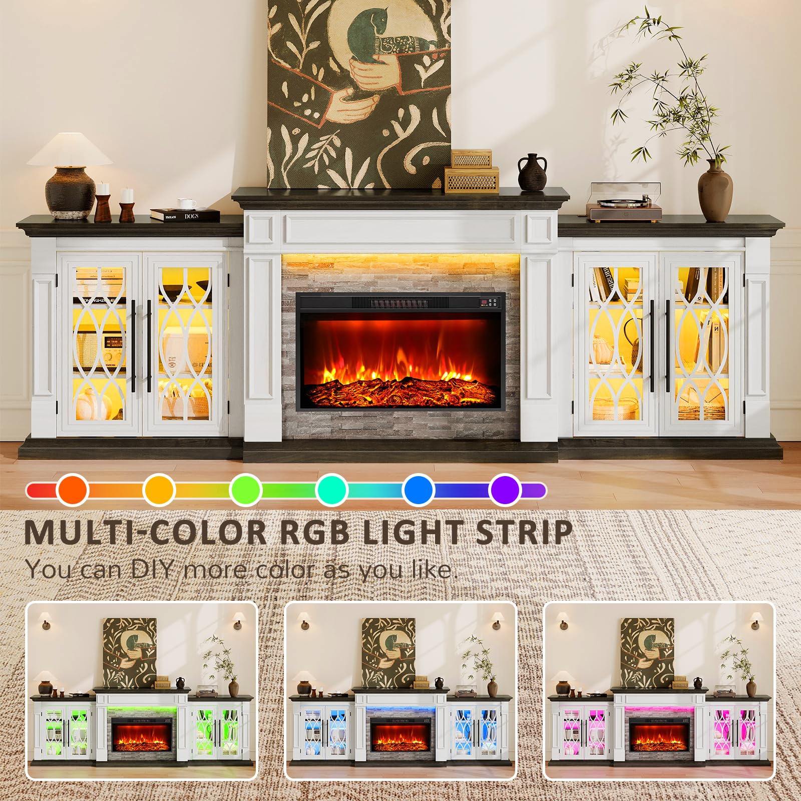 104" Fireplace TV Stand with Electric Insert and Storage Cabinets