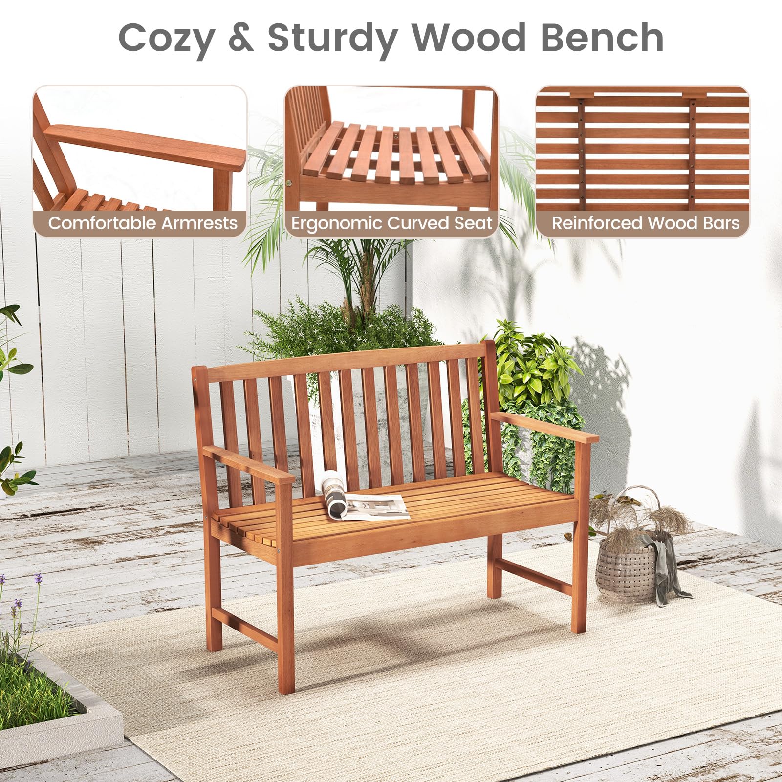 2-Person Eucalyptus Wood Patio Bench