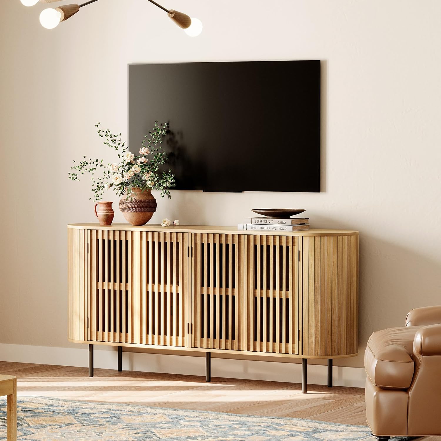 Fluted Sideboard Buffet Cabinet with 4 Doors