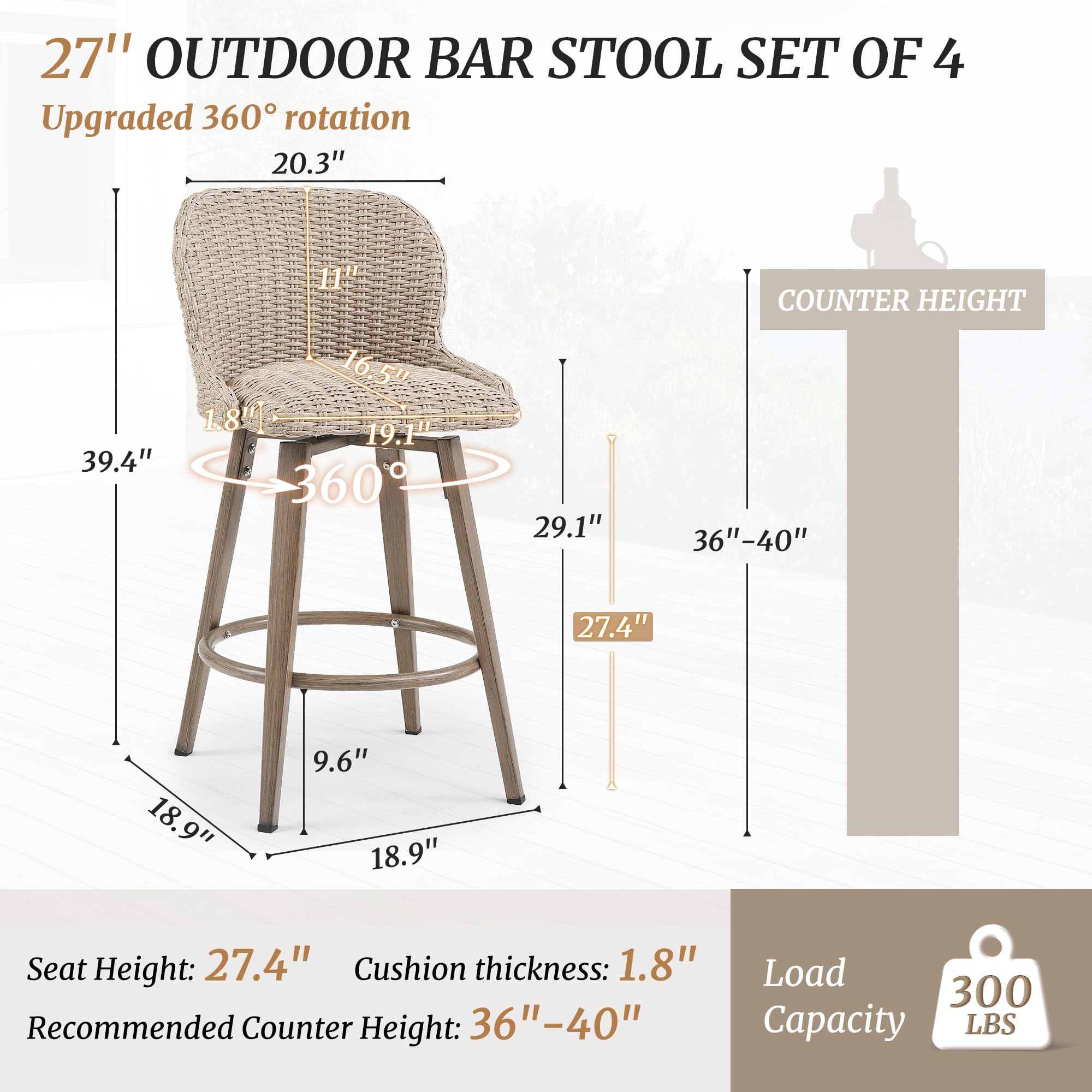 Outdoor Swivel Bar Stools Set of 4 - 27" Counter Height