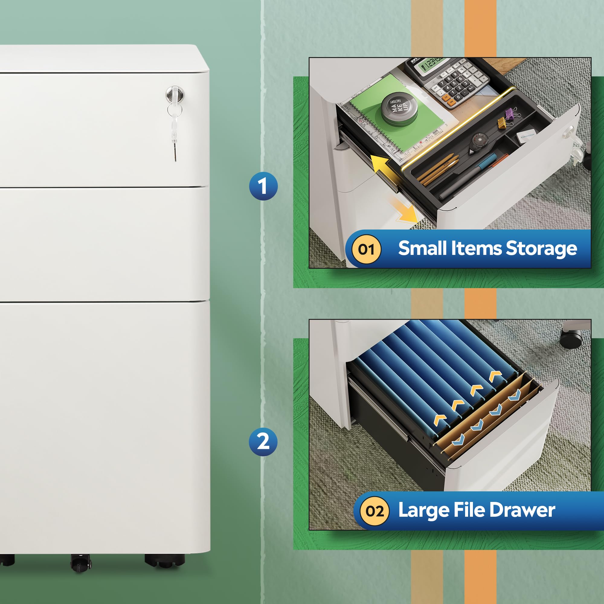 3 Drawer Mobile File Cabinet with Lock