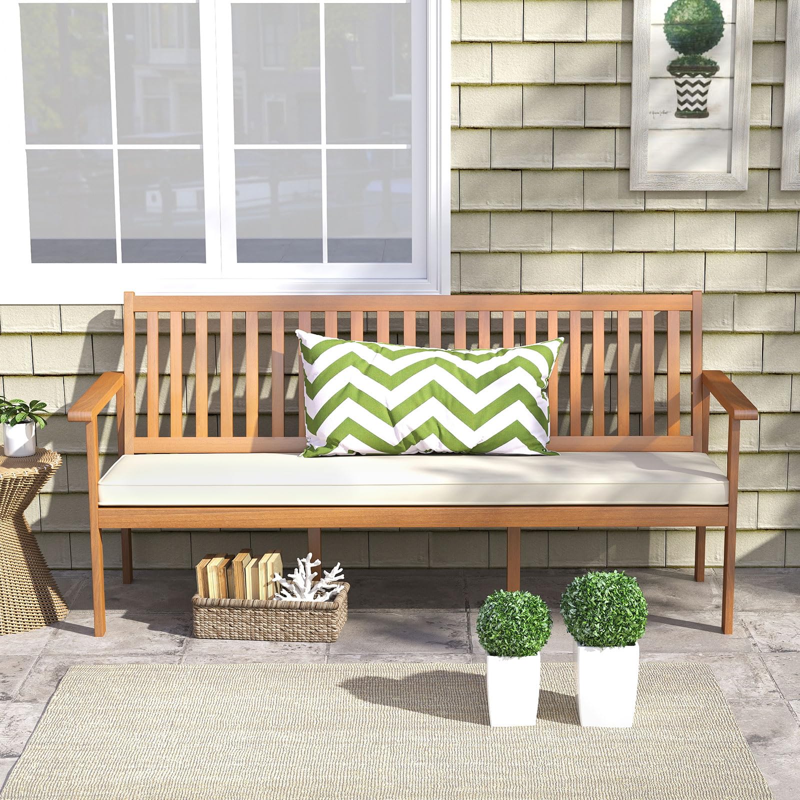 3-Person Acacia Wood Outdoor Bench with Cushion