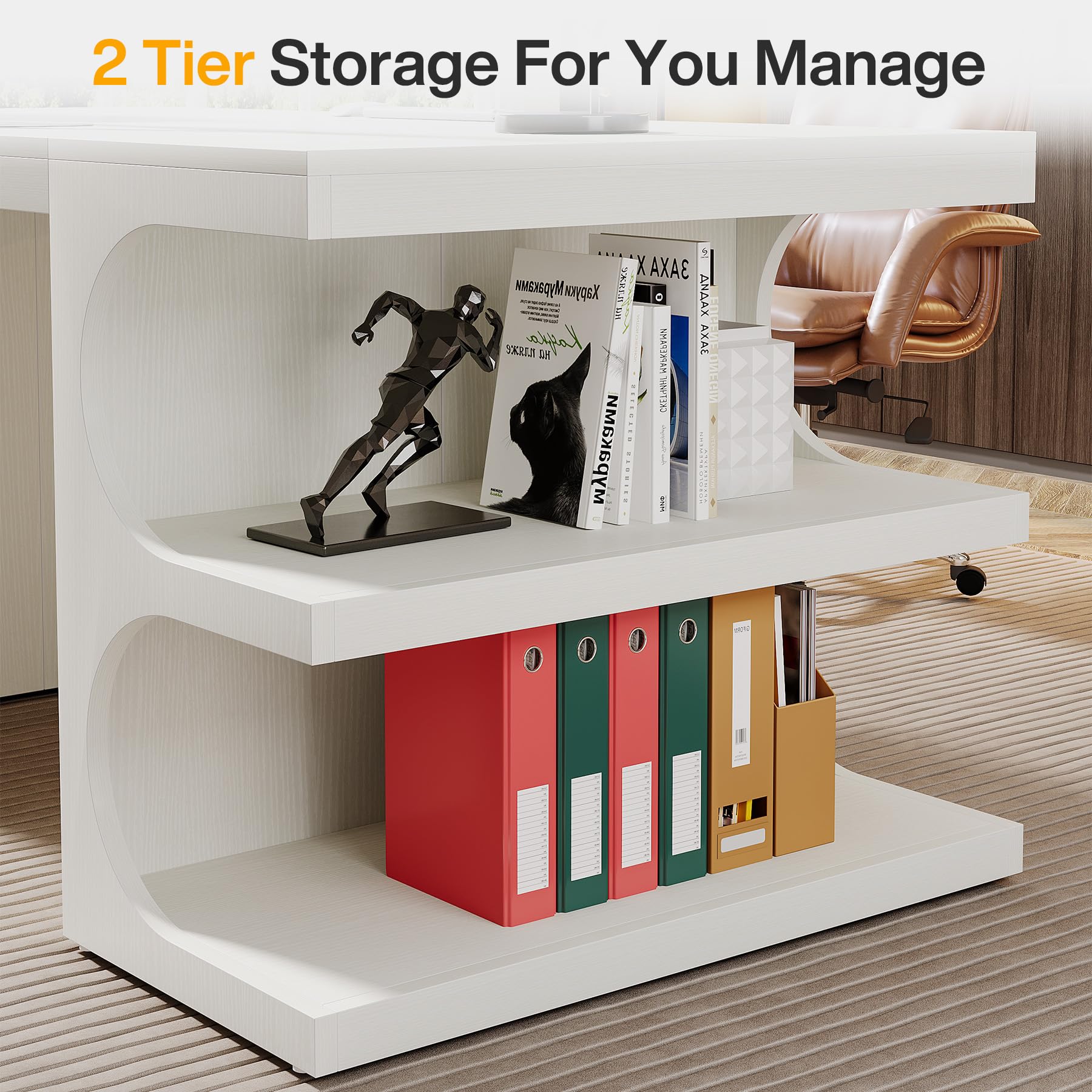 63 Inch White Executive Office Desk with Storage Shelves