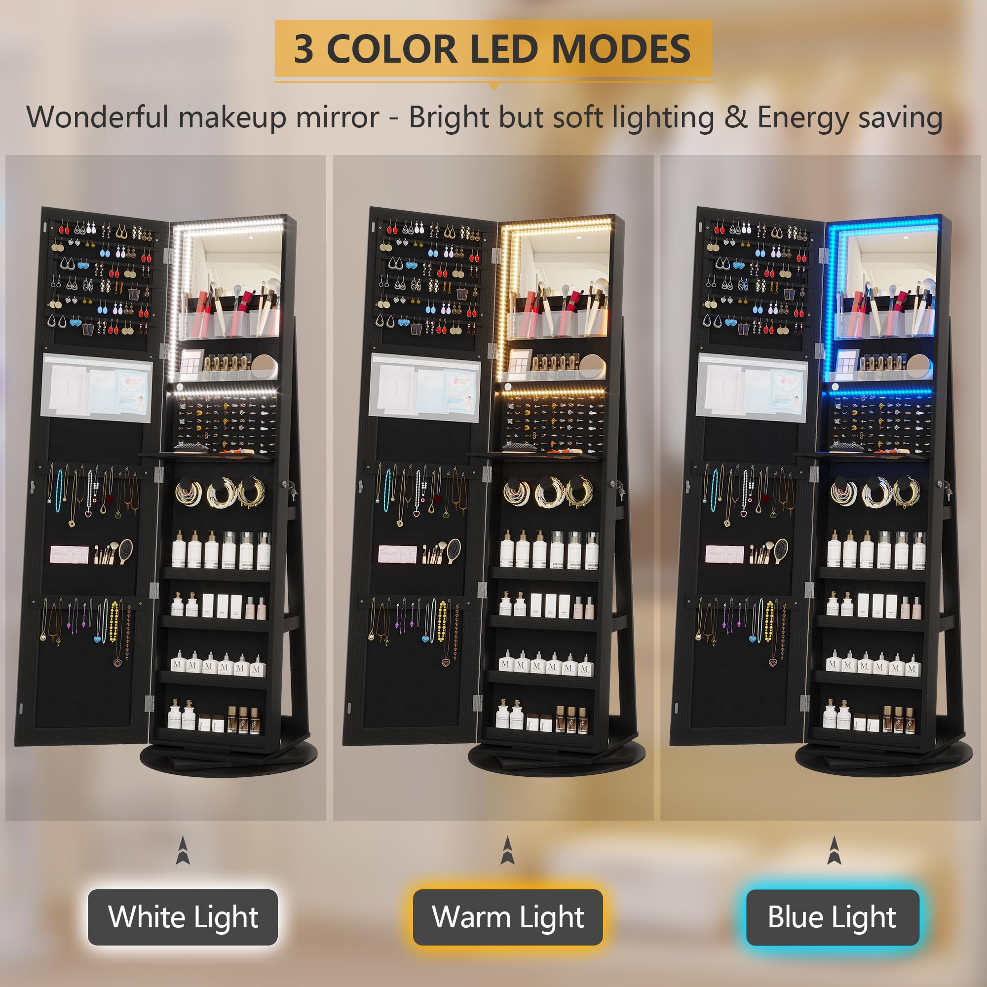 360° Swivel Mirror Jewelry Cabinet with Lights