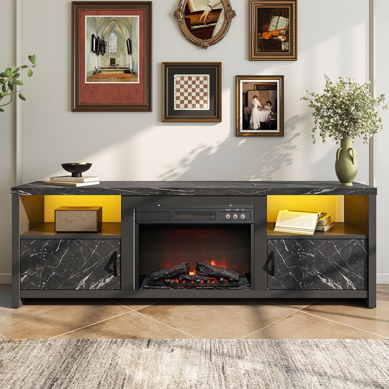 70" Electric Fireplace TV Stand with LED Lights and Storage
