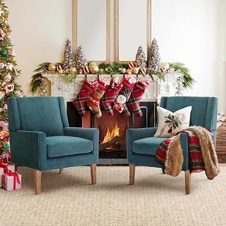 Mid-Century Modern Wingback Accent Chair Set of 2 - Green Chenille Upholstered