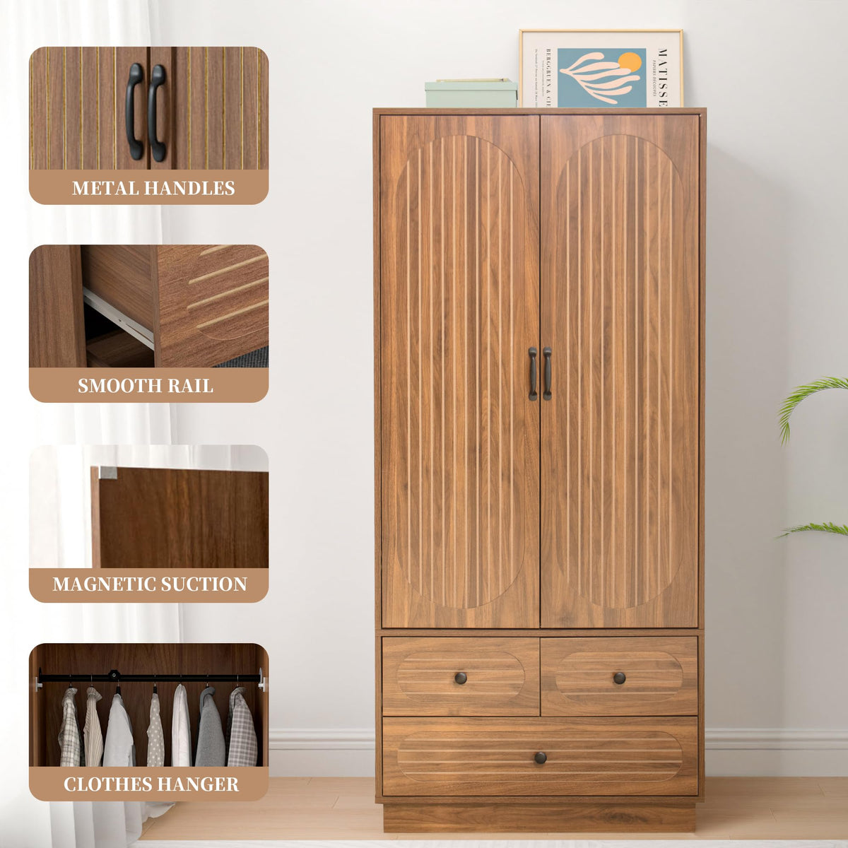 Armoire Wardrobe Closet with Doors and 3 Drawers - Walnut