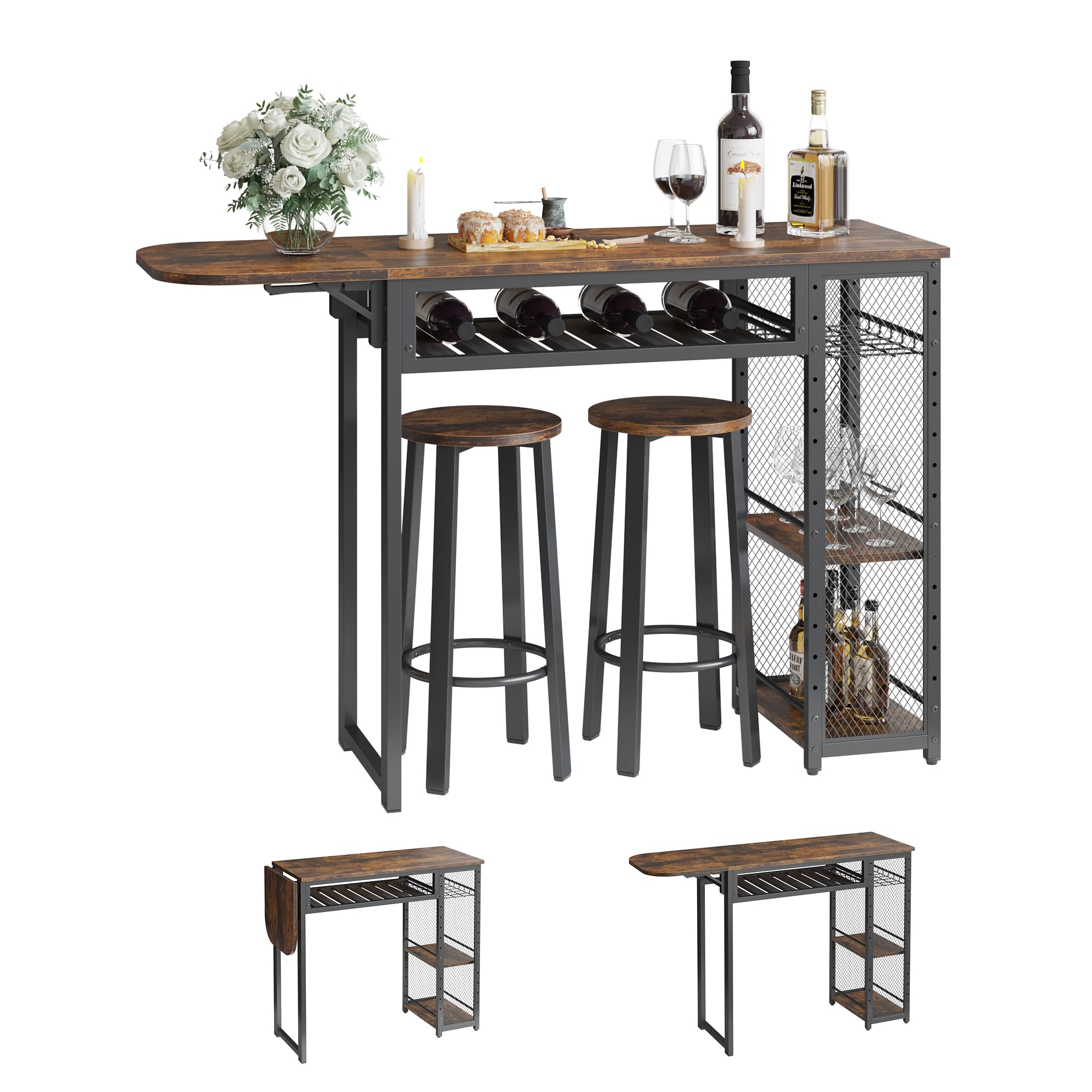 Foldable Bar Table and Chair Set with Wine Rack