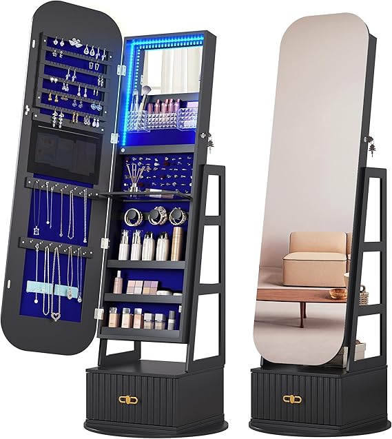 360° Swivel Jewelry Organizer with Full Length Mirror and Lights