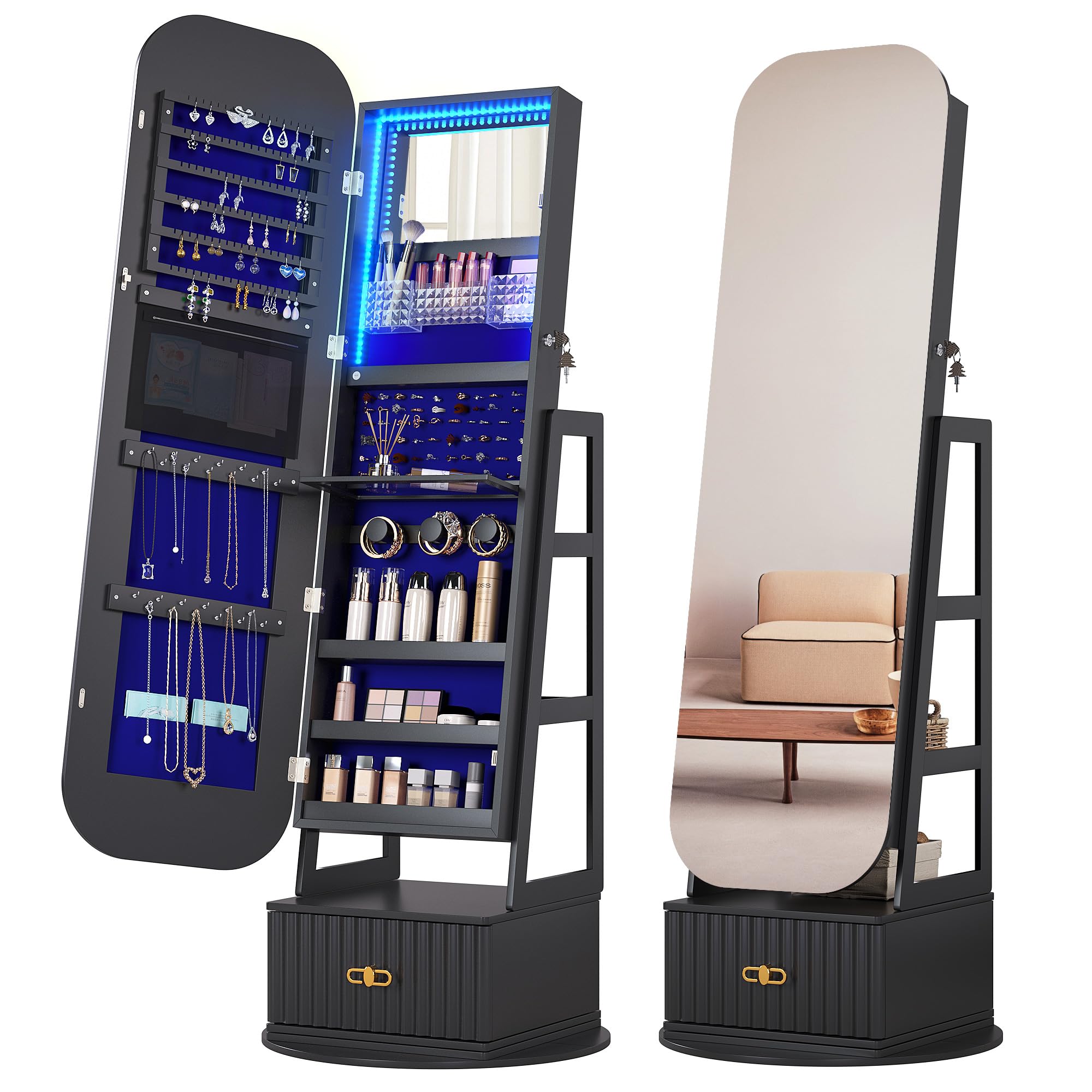 360° Swivel Jewelry Organizer with Full Length Mirror and Lights