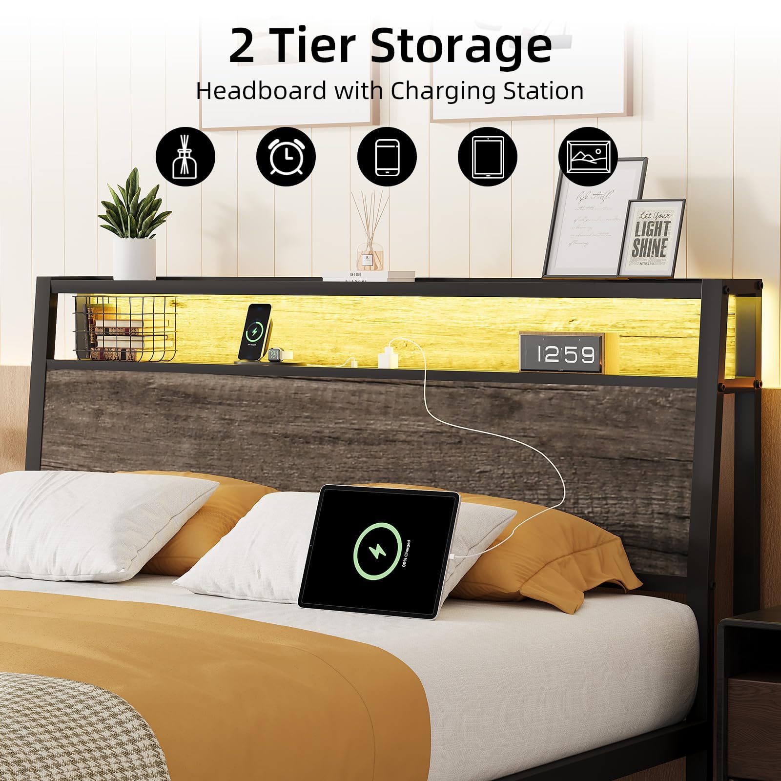 Twin Metal Bed Frame with LED Lights and Charging Station