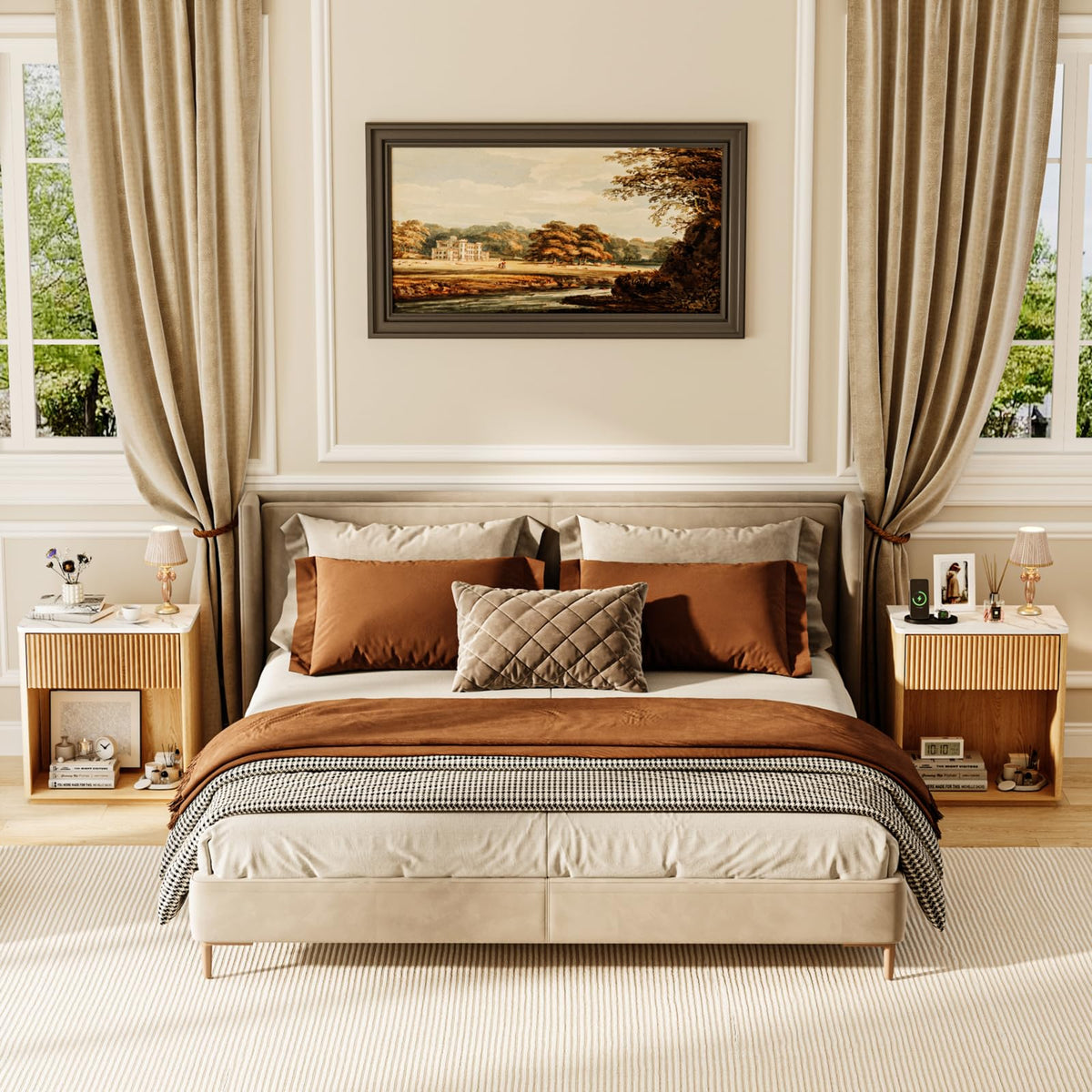 Modern Fluted Nightstand Set of 2 with Drawer and Open Shelf