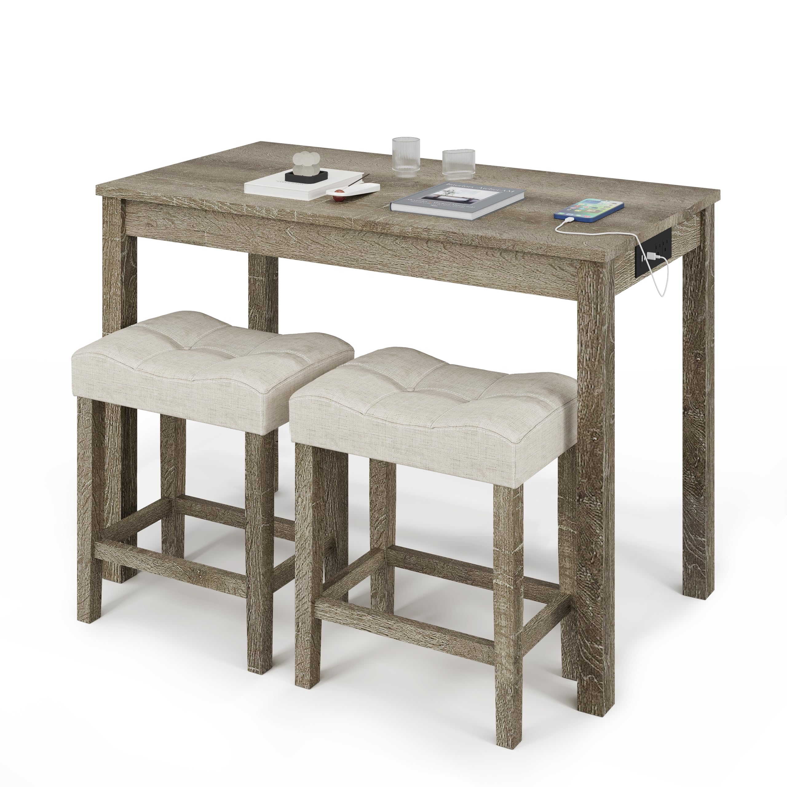 3-Piece Counter Height Bar Table Set with USB Charging
