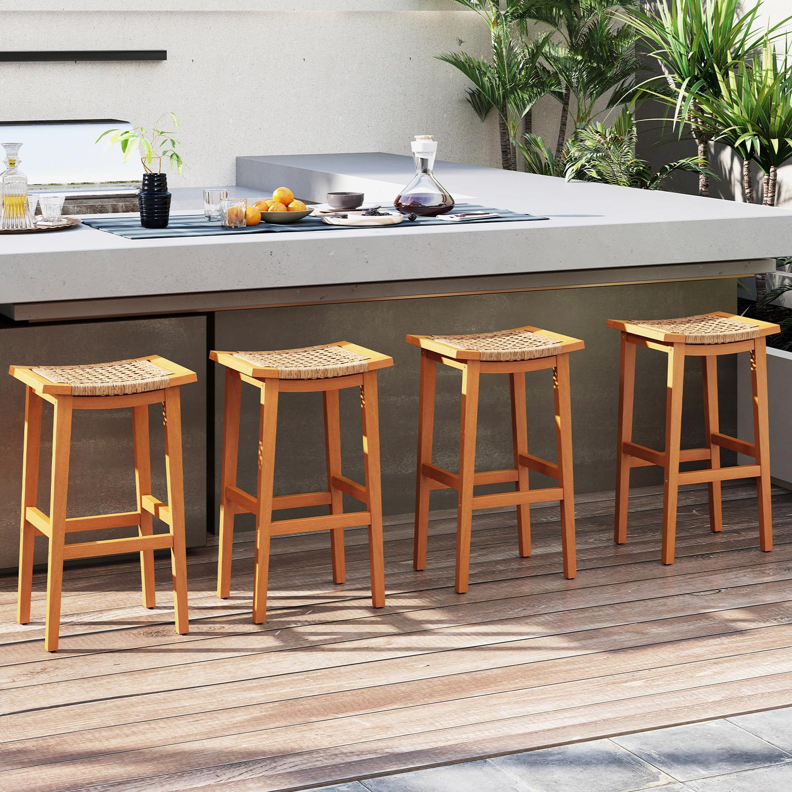 Outdoor Wooden Bar Stools Set of 2, 29" Backless with PE Rattan Saddle Seat