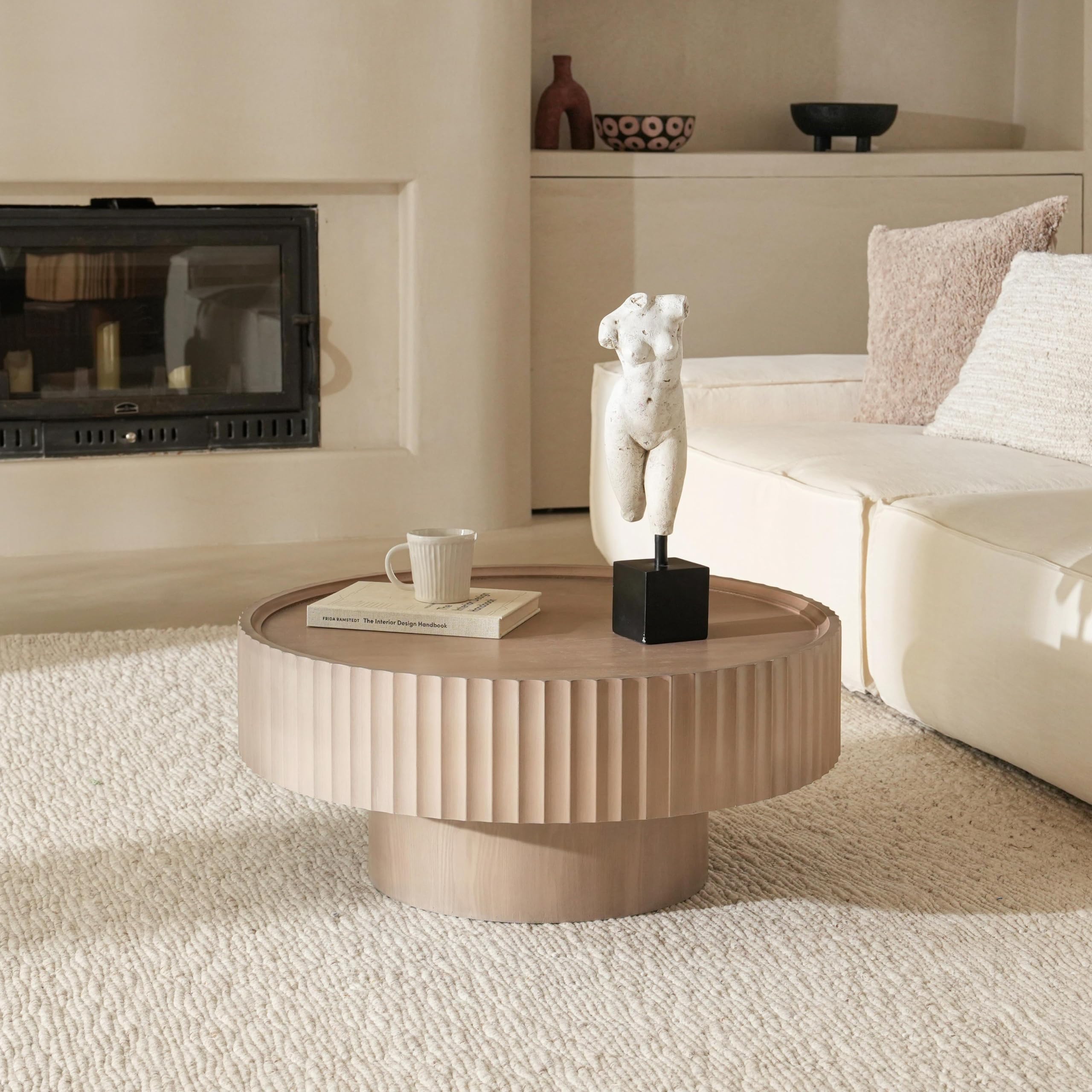 FAME HOME Round Coffee Table, 30.3” Fluted Drum Modern Living Room Table, Circle Wood Gray Center Tables with Storage, Accent Mushroom Shape Coffee Tables for Living Room, Apartment(30.3''L×13.7''H)