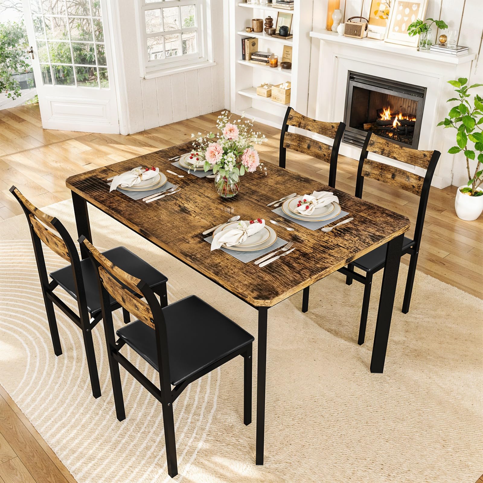 5-Piece Dining Table Set with 4 Upholstered Chairs